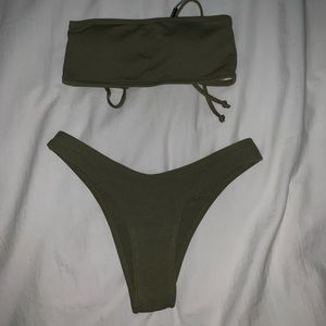 olive green, high-waisted bandeau bikini